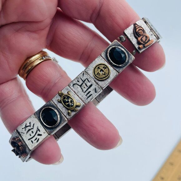 Silver Pewter Tone "Charm" Tile Stretchy Bracelet Buddha Turtle - Picture 2 of 5